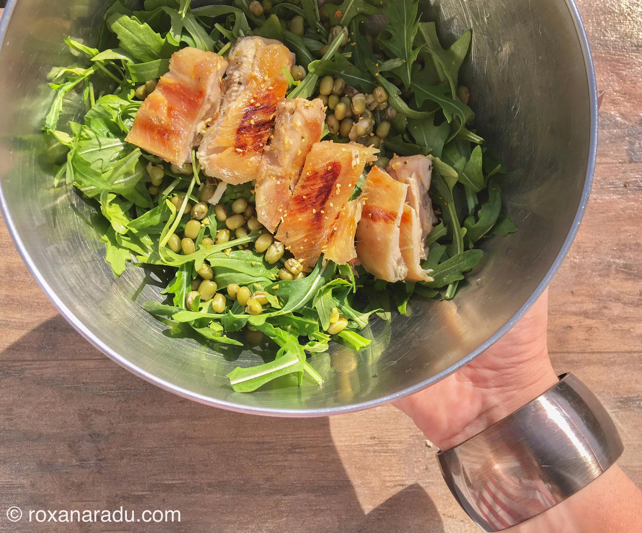 Salata cu fasole mung, rucola si pulpa de curcan la gratar